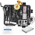 outdoor survival tool kit featuring a compass, flashlight, multi-tool, and survival gear in a compact case.
