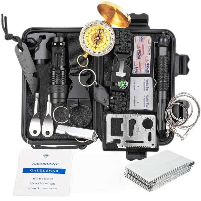 outdoor survival tool kit featuring a compass, flashlight, multi-tool, and survival gear in a compact case.