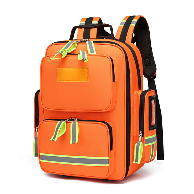 Large capacity first aid kits in a bright orange emergency rescue backpack with reflective straps.