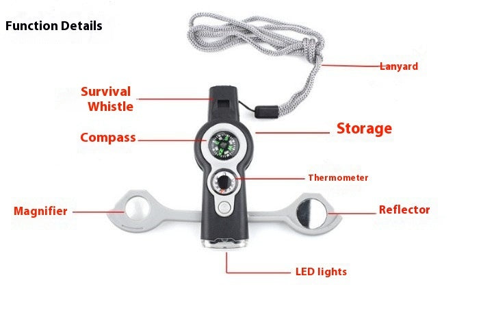 Survival Whistle Lifesaving Whistle Thermometer Compass With LED Light
