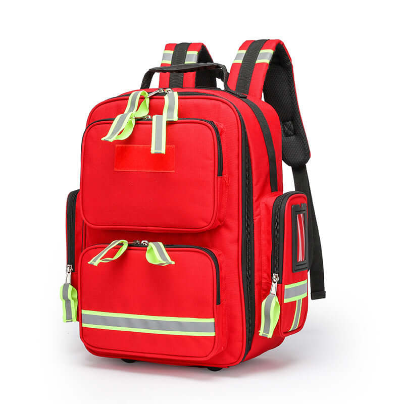 Large capacity first aid kits in red waterproof backpack with multiple pockets for emergency and medical supplies.